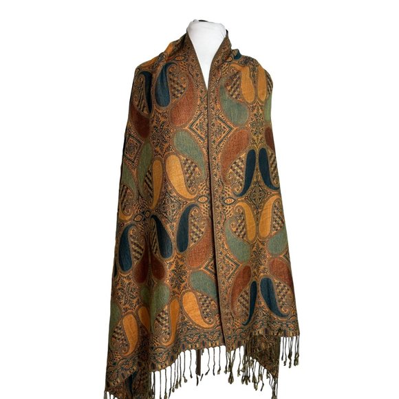 Paisley Fall Colors Scarf Shawl Wrap Gold Brown Green Woven Fringe 28" X 75.5" - Picture 9 of 9